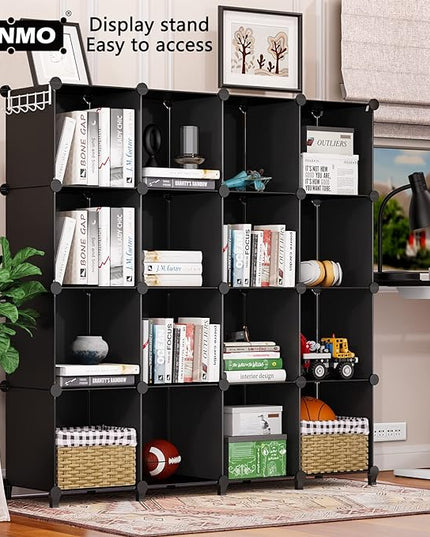 16 Cubes Storage Organizer, Bookcase, Display Shelf with Wooden Mallet, Cabinet Storage for Kids, Adult, Office, Bedroom, Bathroom, Black - LeafyLoom