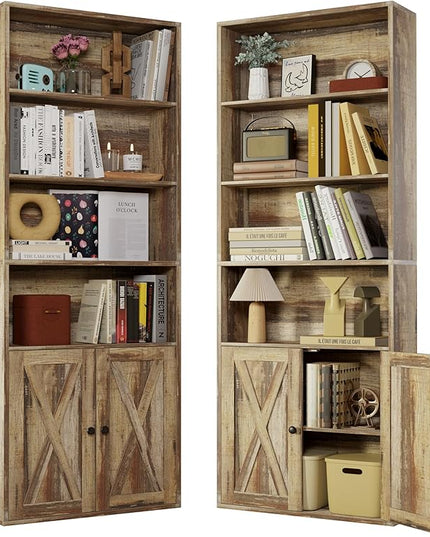 IRONCK Industrial Bookshelves and Bookcases with Doors Set of 2 Floor Standing 6 Shelf Display Storage Shelves 70 in Tall Bookcase for Home Office, Living Room - LeafyLoom