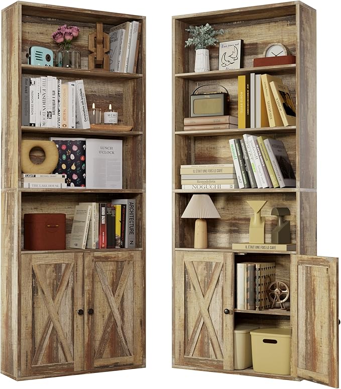IRONCK Industrial Bookshelves and Bookcases with Doors Set of 2 Floor Standing 6 Shelf Display Storage Shelves 70 in Tall Bookcase for Home Office, Living Room - LeafyLoom