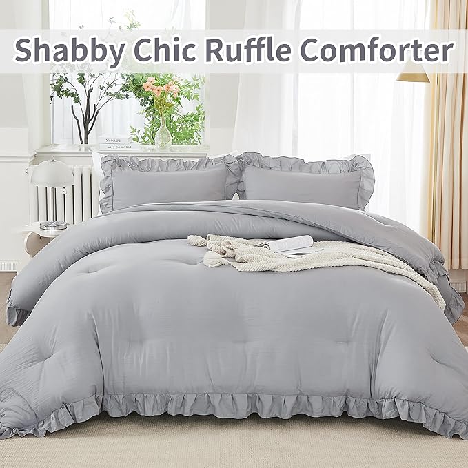 Andency Silver Gray Comforter Set Queen Size, 3 Pieces Shabby Chic Ruffle Bedding Comforter Sets for Queen Bed, Lightweight Fluffy Soft Microfiber Farmhouse Comforter Set - LeafyLoom