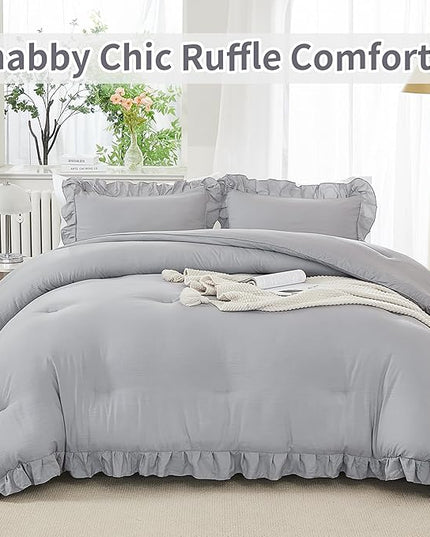 Andency Silver Gray Comforter Set King, 3 Pieces Farmhouse Shabby Chic Ruffle Comforter, Lightweight Fluffy Soft Microfiber All Season Solid Bed Comforter Set (1 Ruffle Comforter & 2 Pillowcases) - LeafyLoom