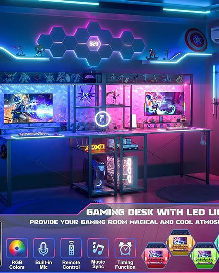 Cyclysio Gaming Desk with Hutch, 39'' Computer Desk with LED Lights & Power Outlets, Home Office Desk with Reversible 5 Tiers Storage Shelves & Monitor Stand, Small Gaming Table for Small Space, Grey - LeafyLoom