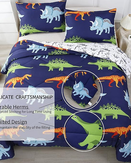 RYNGHIPY Cartoon Dinosaur Comforter Set, Dark Blue Dinosaur Kids Bedding Set for Boys, Dinosaurs Print Comforter Sets for Kids/Toddlers/Teens (Dinosaur,Twin) - LeafyLoom
