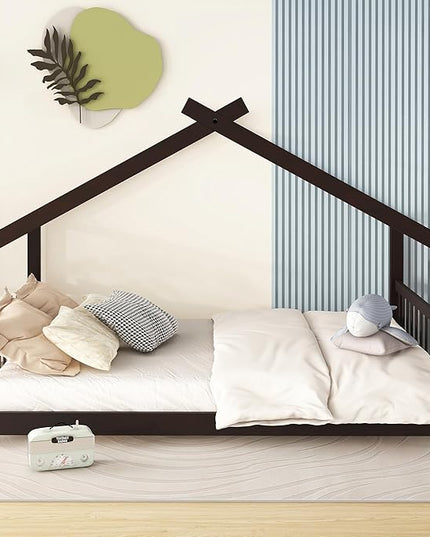 Bellemave Wood Montessori Full Size Bed Frame, Espresso - Playhouse Design, Sturdy, Safety, No Box Spring Needed, Easy Assemble - LeafyLoom