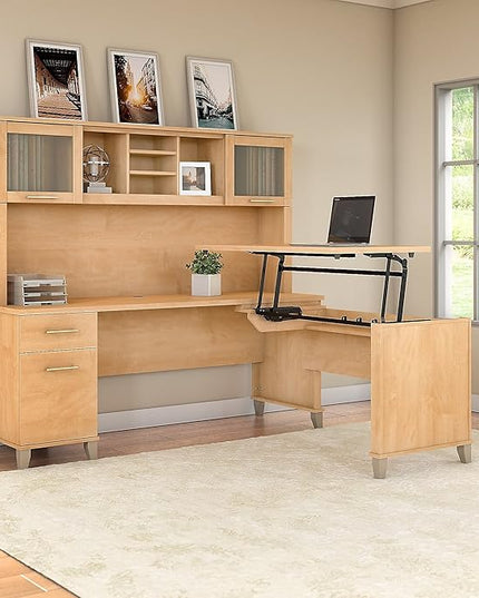 Bush Furniture Somerset 3 Position Sit to Stand L Shaped Desk with Hutch in Maple Cross Ergonomic Height Adjustable Standing Computer/Laptop Table for Home Office - LeafyLoom