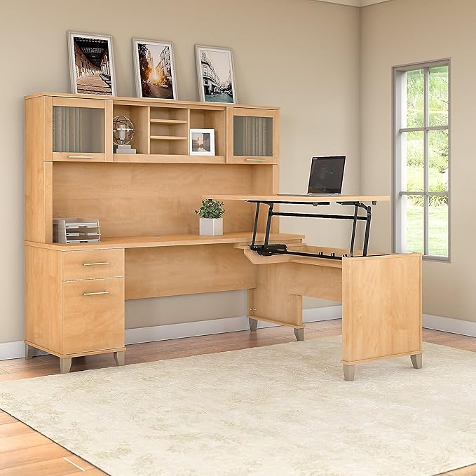 Bush Furniture Somerset 3 Position Sit to Stand L Shaped Desk with Hutch in Maple Cross Ergonomic Height Adjustable Standing Computer/Laptop Table for Home Office - LeafyLoom