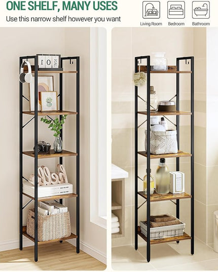 Bookshelf, Book Shelf, Industrial Bookcase with 2 Hooks, Coner Shelf Storage Organizer for Home Office, Living Room, Bedroom, Kitchen, 5-Tier Rustic Brown BC10501B - LeafyLoom