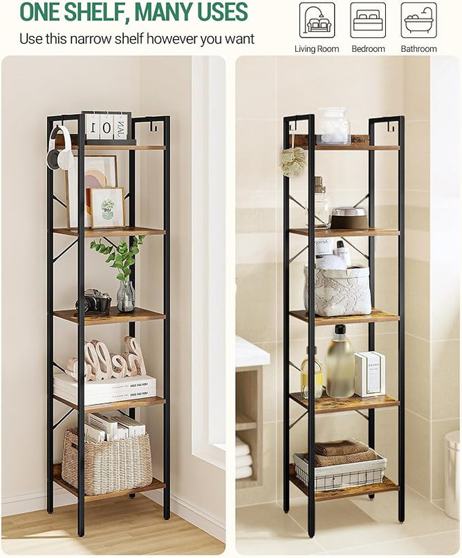 Bookshelf, Book Shelf, Industrial Bookcase with 2 Hooks, Coner Shelf Storage Organizer for Home Office, Living Room, Bedroom, Kitchen, 5-Tier Rustic Brown BC10501B - LeafyLoom