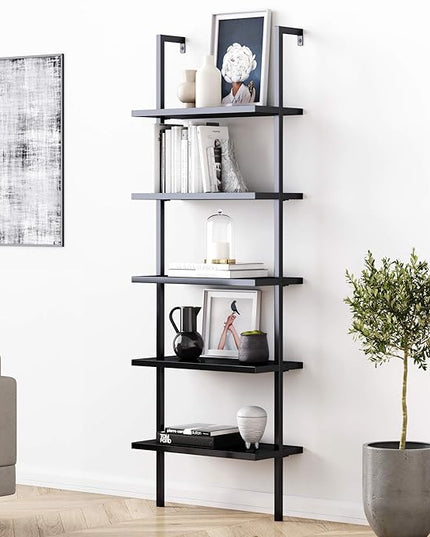 Nathan James Theo 5-Shelf Black Modern Bookcase, Open Wall Mount Ladder Bookshelf with Industrial Metal Frame - LeafyLoom