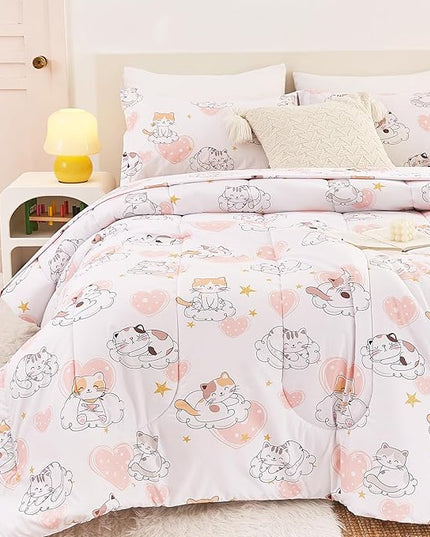 Cat Kids Comforter Set for Girls Twin, Cute Quilted Pink Heart Printed Bedding Set with Pillow Sham, Lightweight Soft Breathable Machine Washable Bed Set 2 Piece - LeafyLoom