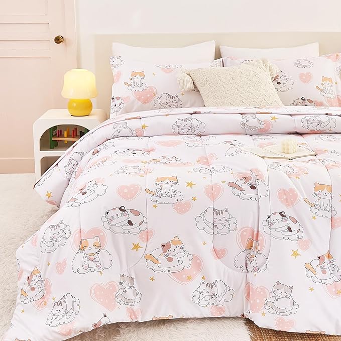 Cat Kids Comforter Set for Girls Twin, Cute Quilted Pink Heart Printed Bedding Set with Pillow Sham, Lightweight Soft Breathable Machine Washable Bed Set 2 Piece - LeafyLoom