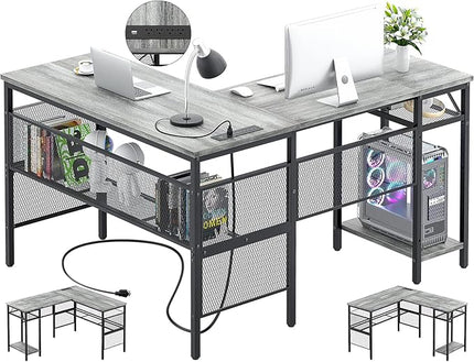 Unikito L Shaped Corner Computer Desk with USB Charging Port and Power Outlet, Storage Shelves, Reversible, Industrial 2 Person Gaming Table Modern Home Office Desks, White Oak - LeafyLoom