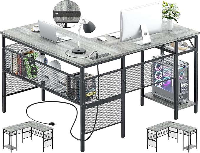 Unikito L Shaped Corner Computer Desk with USB Charging Port and Power Outlet, Storage Shelves, Reversible, Industrial 2 Person Gaming Table Modern Home Office Desks, White Oak - LeafyLoom