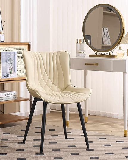 YOUTASTE Dining Chairs Set of 2 Upholstered Mid Century Modern Kitchen Dining Room Chairs Armless Faux Leather Accent Chairs Metal Vanity Lounge Chair with Back for Living Room Bedrooms,Beige - LeafyLoom