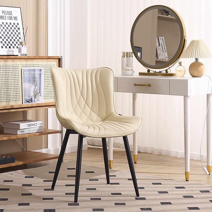 YOUTASTE Dining Chairs Set of 2 Upholstered Mid Century Modern Kitchen Dining Room Chairs Armless Faux Leather Accent Chairs Metal Vanity Lounge Chair with Back for Living Room Bedrooms,Beige - LeafyLoom
