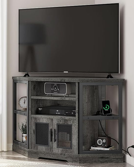 YITAHOME Corner TV Stand for TVs up to 55 Inch with Power Outlet, Modern Farmhouse Entertainment Center, Wood TV Media Console with Storage Cabinets Shelves for Living Room Bedroom, Gray Oak - LeafyLoom