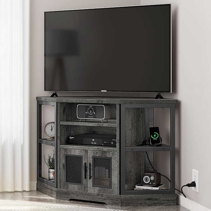 YITAHOME Corner TV Stand for TVs up to 55 Inch with Power Outlet, Modern Farmhouse Entertainment Center, Wood TV Media Console with Storage Cabinets Shelves for Living Room Bedroom, Gray Oak - LeafyLoom