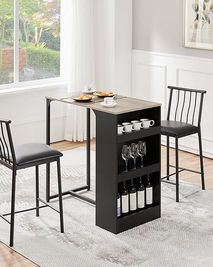Yaheetech 3-Piece Dining Table Set, Counter Height Bar Table Set for 2, Compact Kitchen Table Set with 3-layer Side Storage Shelf for Kitchen Small Space, Black/Gray - LeafyLoom