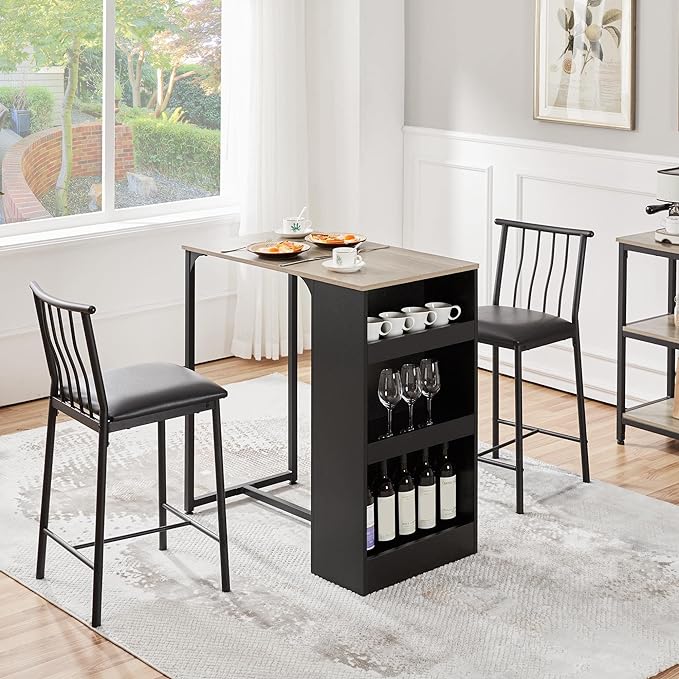 Yaheetech 3-Piece Dining Table Set, Counter Height Bar Table Set for 2, Compact Kitchen Table Set with 3-layer Side Storage Shelf for Kitchen Small Space, Black/Gray - LeafyLoom