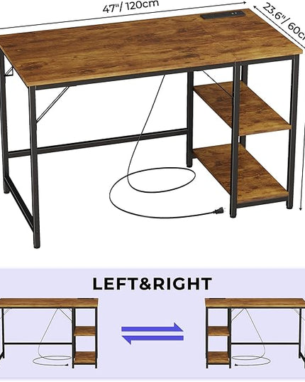 JOISCOPE 48 x 24 Inch Gaming Computer Desk with Table Power Outlets,Home Office Desk with Storage Shelves and USB & Type-C Outlet for Bedroom,Home Office,Morden Simple Writing Table,Vintage Oak Finish - LeafyLoom
