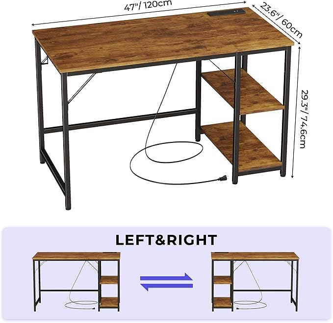 JOISCOPE 48 x 24 Inch Gaming Computer Desk with Table Power Outlets,Home Office Desk with Storage Shelves and USB & Type-C Outlet for Bedroom,Home Office,Morden Simple Writing Table,Vintage Oak Finish - LeafyLoom