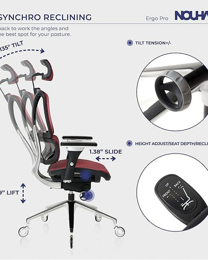 Nouhaus Ergonomic Office Chair Lumbar Support Aluminum Alloy Backrest, Big and Tall Mesh Computer Desk Chair with Adjustable Headrest, 4D Armrest and Premium Wheels(ErgoPRO,Burgundy) - LeafyLoom