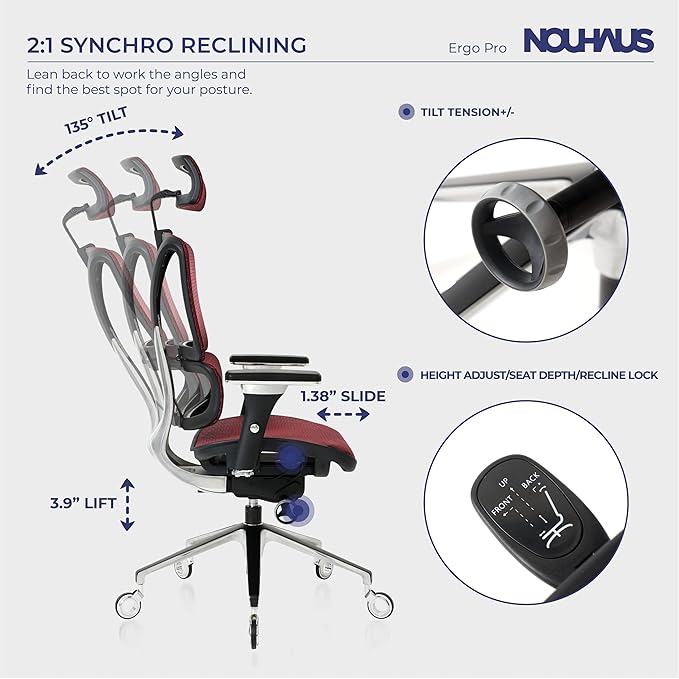 Nouhaus Ergonomic Office Chair Lumbar Support Aluminum Alloy Backrest, Big and Tall Mesh Computer Desk Chair with Adjustable Headrest, 4D Armrest and Premium Wheels(ErgoPRO,Burgundy) - LeafyLoom