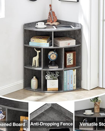 VECELO 3-Tier Corner Cabinet,Wooden Cube Storage Organizer with 8 Cubbies, Modern Bookshelf Units for Playroom, Bedroom, Living Room, Grey - LeafyLoom