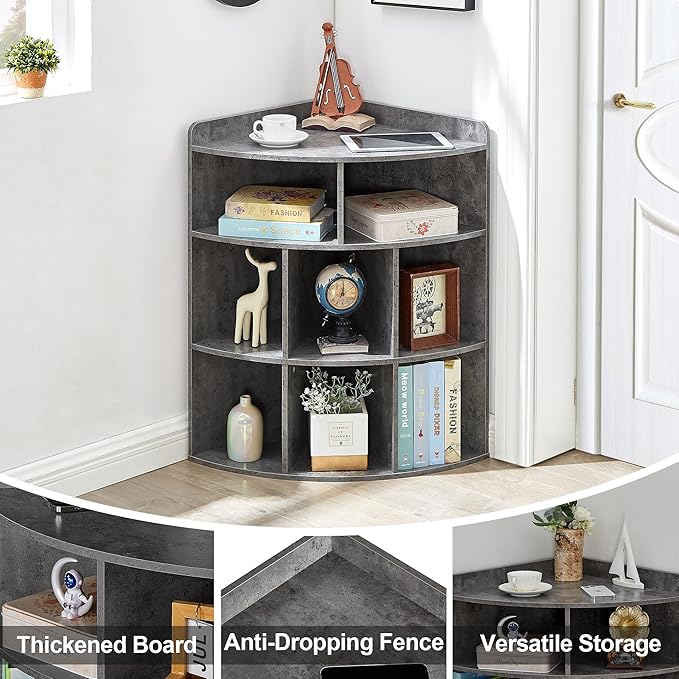 VECELO 3-Tier Corner Cabinet,Wooden Cube Storage Organizer with 8 Cubbies, Modern Bookshelf Units for Playroom, Bedroom, Living Room, Grey - LeafyLoom