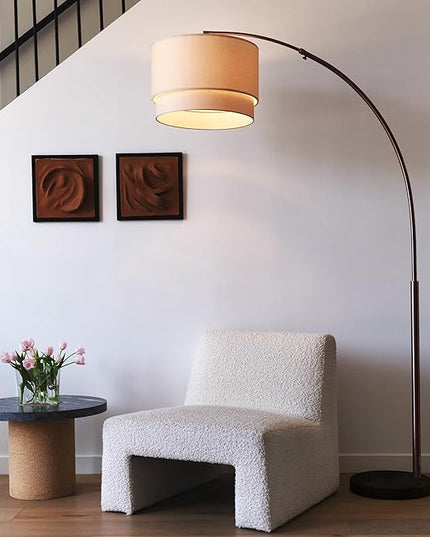 Brightech Mason Arc Floor Lamp - Modern Corner Standing Lamp with Unique Hanging Drum Lamp Shade for Living Room - Bright Overhead, Curved Hanging Light for Bedroom. Library, Den - Bronze - LeafyLoom