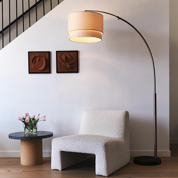 Brightech Mason Arc Floor Lamp - Modern Corner Standing Lamp with Unique Hanging Drum Lamp Shade for Living Room - Bright Overhead, Curved Hanging Light for Bedroom. Library, Den - Bronze - LeafyLoom