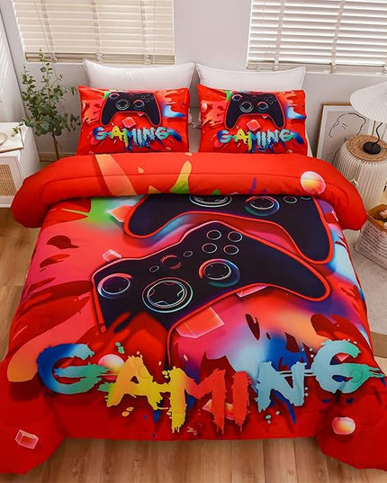 Aimuan Gaming Comforter Sets for Boys Kids Bedding Sets Video Games Console Action Buttons Novelty Colorful Game Gamepad Controller Modern Gamer Room Decor Home Quilt Set (Twin, Red) - LeafyLoom