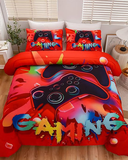 Aimuan Gaming Comforter Sets for Boys Kids Bedding Sets Video Games Console Action Buttons Novelty Colorful Game Gamepad Controller Modern Gamer Room Decor Home Quilt Set (Full, Red) - LeafyLoom