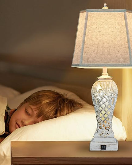 Set of 2 Table Lamps for Bedroom Living Room, Bedside Lamp with Fabric Shades, 29'' Tall Coastal Nautical Lamp with USB and Nightlight - LeafyLoom