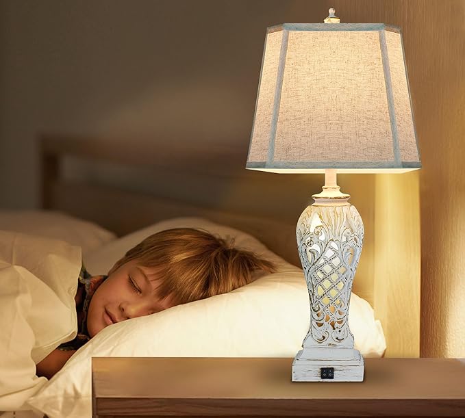 Set of 2 Table Lamps for Bedroom Living Room, Bedside Lamp with Fabric Shades, 29'' Tall Coastal Nautical Lamp with USB and Nightlight - LeafyLoom