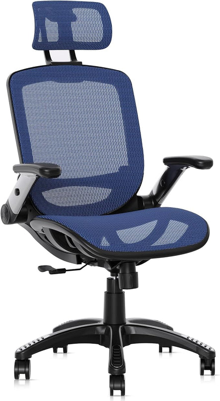 GABRYLLY Ergonomic Office Chair, High Back Mesh Desk Chair with Adjustable Headrest, Flip-Up Arms, 90-120° Tilt Lock, Lumbar Support and Comfy Seat, Swivel Computer Task Chair, Blue - LeafyLoom