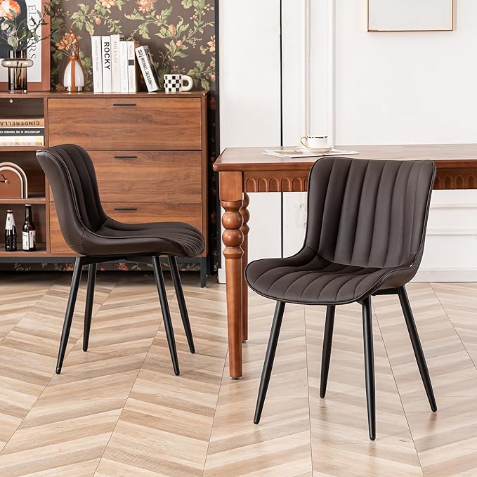 YOUNIKE Dining Chairs Set of 2 Leather Kitchen Chair with Metal Legs Armless Accent Chair Upholstered Dining Room Chairs with Back Mid Century Modern Vanity Chair Side Chairs, Espresso Brown - LeafyLoom