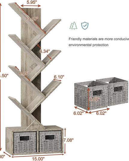 Vagusicc 6 Tier Tree Bookshelf - Retro Shelf Floor Standing Bookcase with Baskets, Tall Wood Book Storage Rack for Books/CDs, Tree Utility Book Organizer Shelves for Living Room, Home Office, Bedroom - LeafyLoom