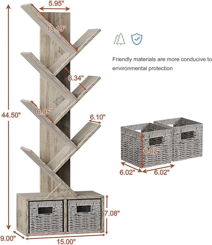 Vagusicc 6 Tier Tree Bookshelf - Retro Shelf Floor Standing Bookcase with Baskets, Tall Wood Book Storage Rack for Books/CDs, Tree Utility Book Organizer Shelves for Living Room, Home Office, Bedroom - LeafyLoom
