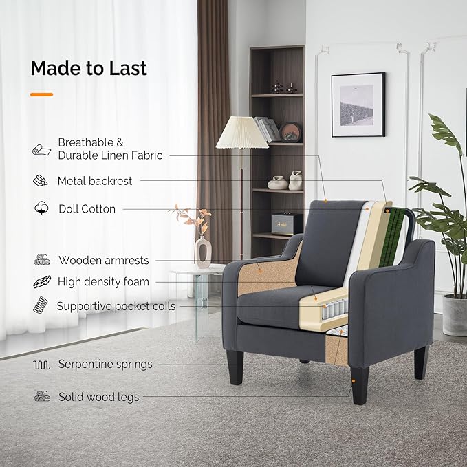 VINGLI Accent Chairs for Living Room Chairs Mid Century Modern Chair Sofa Chair Upholstered Arm Chair with Scooped Arms for Bedroom, Apartment, Office, Studio, Waiting Room, Play Room - LeafyLoom