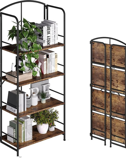No Assembly Folding Bookshelf, Metal Book Shelf for Storage, Folding Bookcase for Office Organization and Storage (Firestone, 4 Tiers) - LeafyLoom