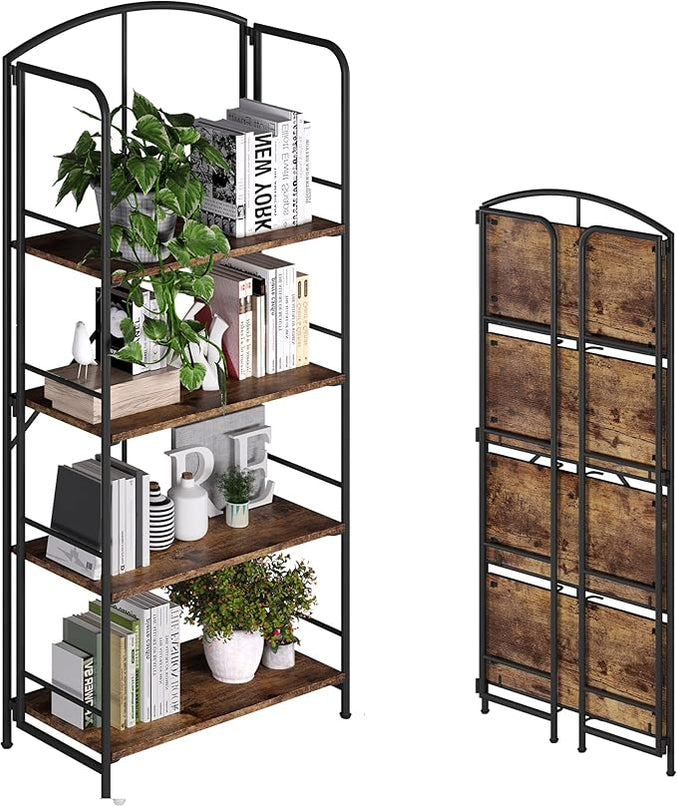 No Assembly Folding Bookshelf, Metal Book Shelf for Storage, Folding Bookcase for Office Organization and Storage (Firestone, 4 Tiers) - LeafyLoom