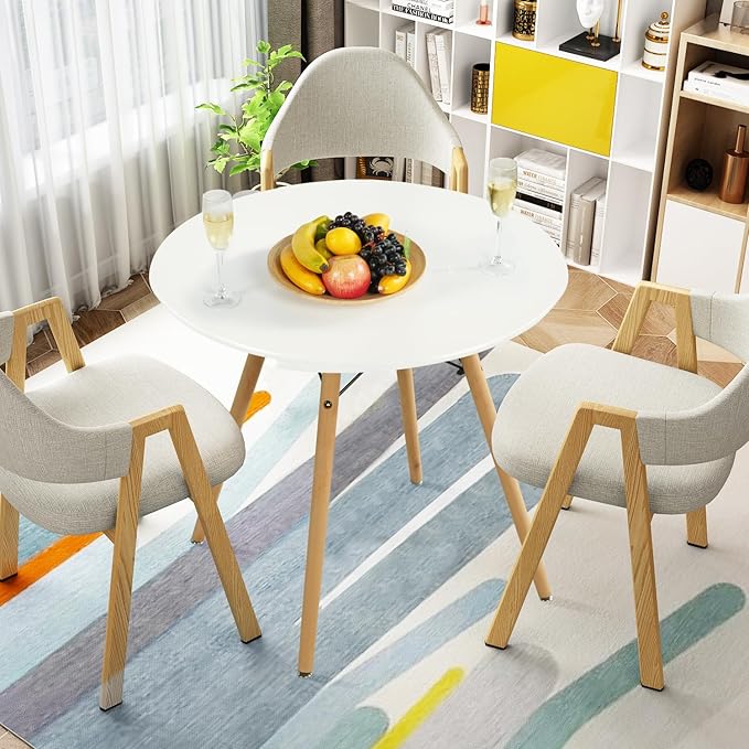 FurnitureR Dining Table Round 31.5 Inch with Wooden Legs Modern Multifunctional Table for Home Kitchen Living Room Corner Small Spaces Leisure, White - LeafyLoom