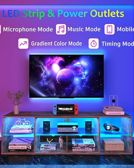 VECELO LED Gaming TV Stand with Power Outlets Television Cabinet with 7 Open Storage Shelves, Industrial Entertainment Center for Living Room and Bedroom, Light Brown, 55inch - LeafyLoom