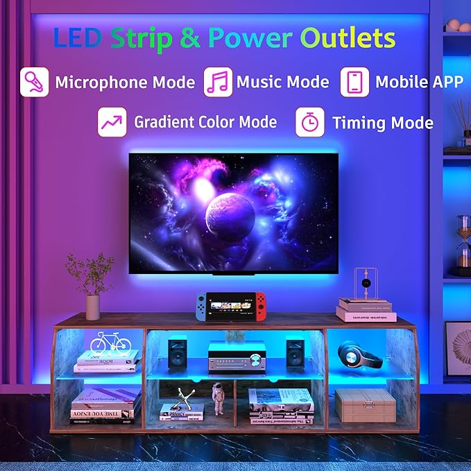 VECELO LED Gaming TV Stand with Power Outlets Television Cabinet with 7 Open Storage Shelves, Industrial Entertainment Center for Living Room and Bedroom, Light Brown, 55inch - LeafyLoom