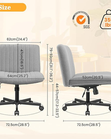 Armless Office Chair with Wheels, Ergonomic Wide Seat Fabric Cross Legged Desk Chair, Swivel Computer Chair for Home Office, Modern Vanity Chair Light Gray - LeafyLoom