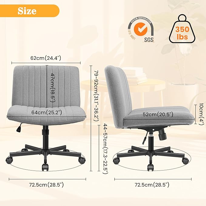 Armless Office Chair with Wheels, Ergonomic Wide Seat Fabric Cross Legged Desk Chair, Swivel Computer Chair for Home Office, Modern Vanity Chair Light Gray - LeafyLoom
