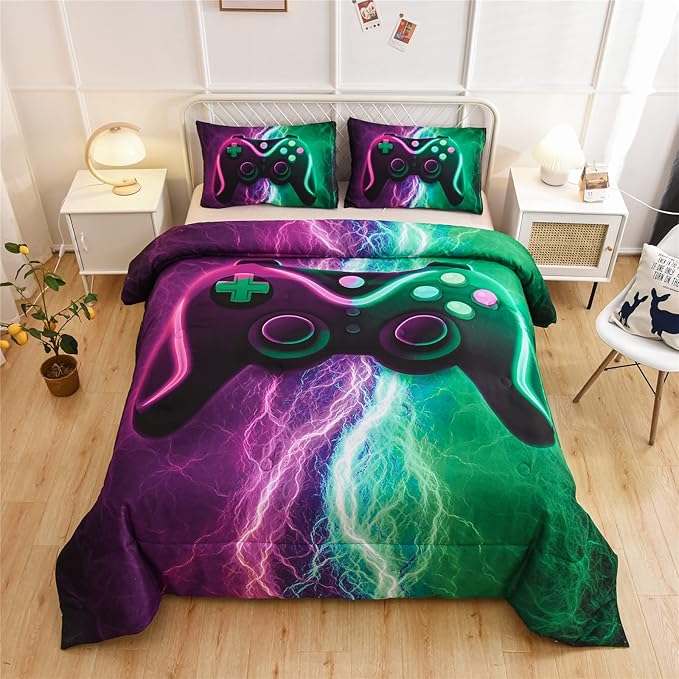 Meeting Story Gamer Gaming Bedding Sets Red Blue Lightnings Gamepad Comforter Set for Boys Games Console Action Buttons Novelty Colorful Modern Room Decor Home Quilt Set (Green-Purple, Full) - LeafyLoom