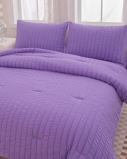Seersucker Purple Queen Size Comforter Sets for Girls Women Boho Purple Seersucker Bedding Set & Collections 5 Pieces-Soft Lightweight Microfiber Bed Set for All Season,Queen 90''x90''… - LeafyLoom