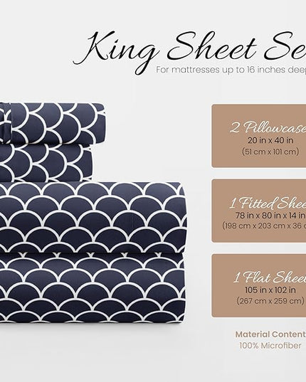 Linen Market 4 Piece Sheet Set Patterned, King, Scallop Navy - LeafyLoom